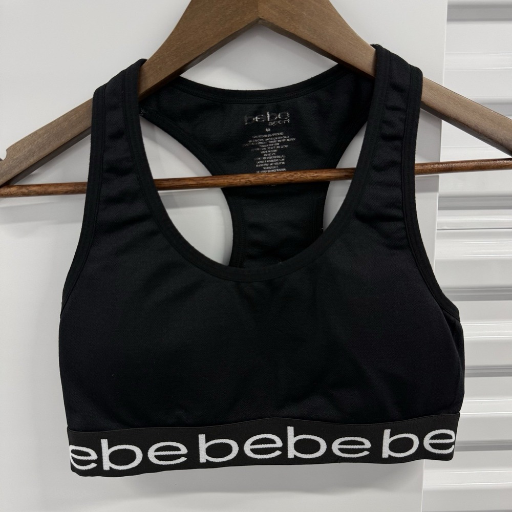 Bebe Sport Sports Bra Women's Medium Black Racerback Logo Band Activewear